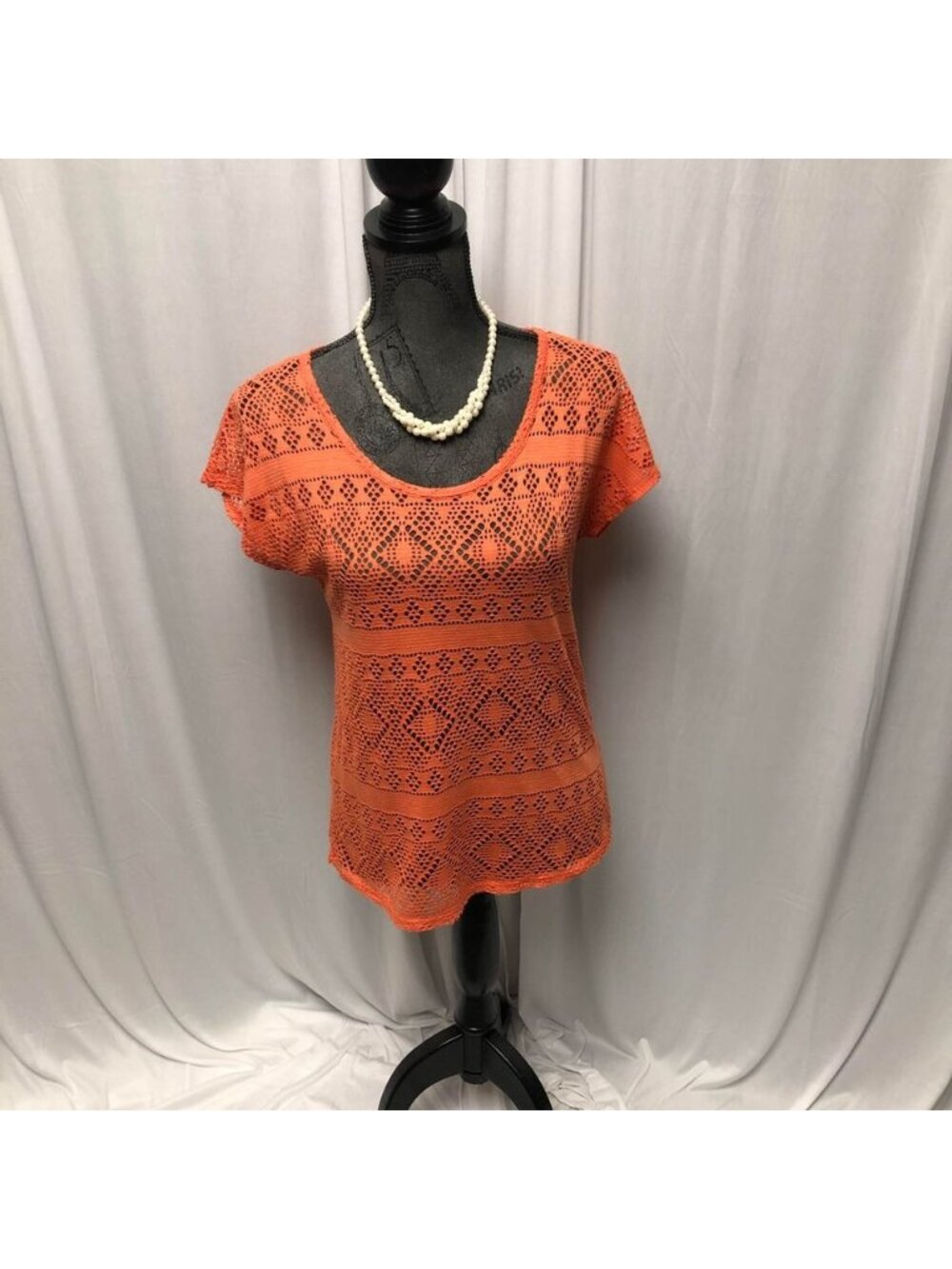 Vanity Top Womens Size Medium Coral Orange Lace Mesh Sheer Lightweight Blouse